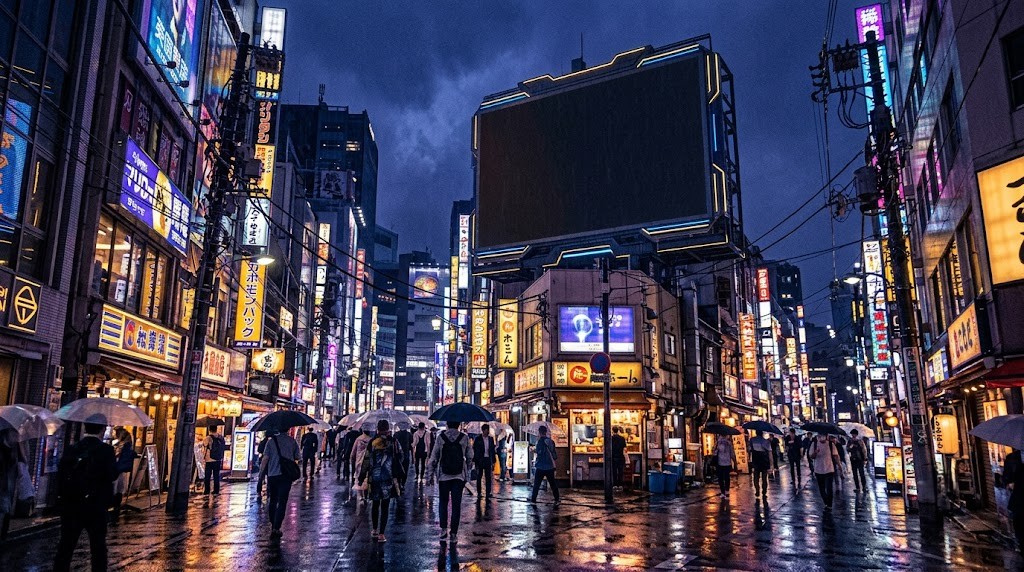 ネオンに照らされた近未来都市とカウントダウン看板のイメージ