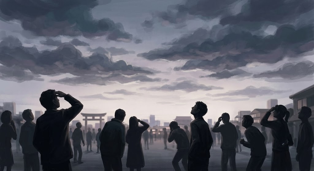 不安げに空を見上げる人々のシルエット