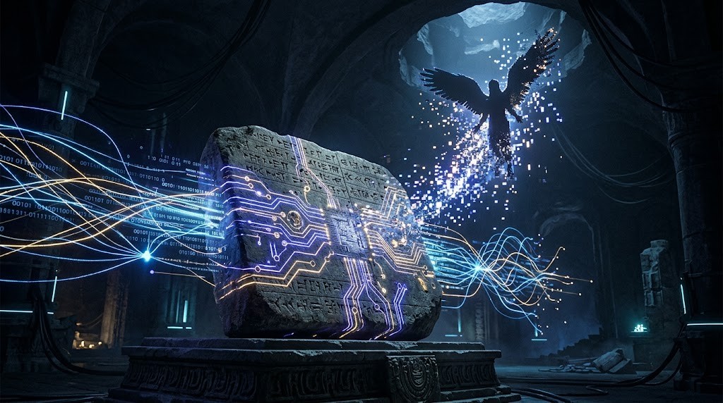 古代の神話と現代のテクノロジーが交差するイメージ