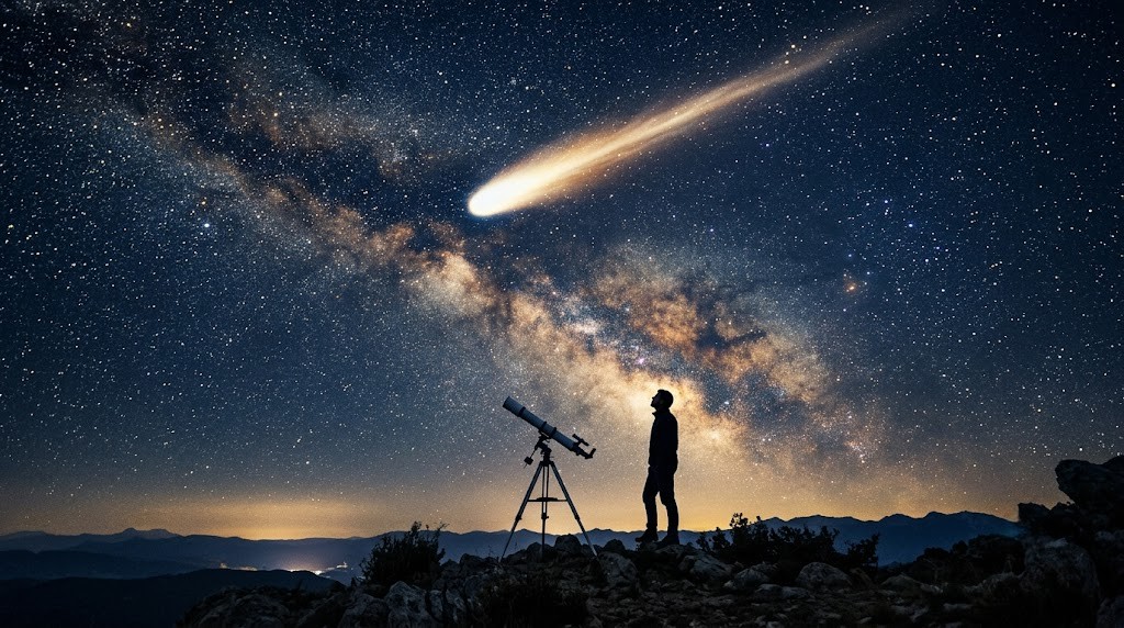 星空と彗星を見上げる観測者のシルエット