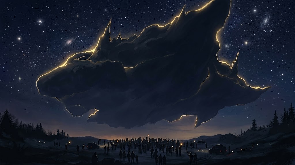 星空の下の巨大な影のシルエットと見上げる群衆