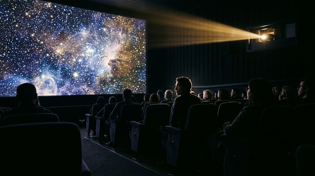 映画館の暗闇で光るスクリーンを見つめる観客のシルエット
