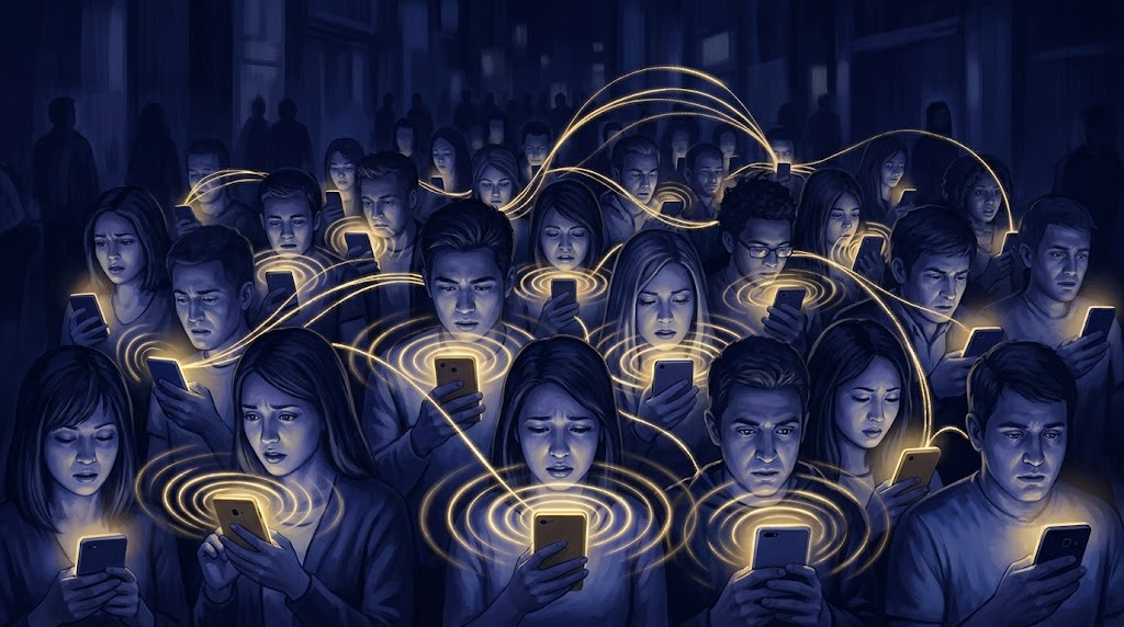 スマートフォンの速報通知と不安げに画面を見る人々のイメージ