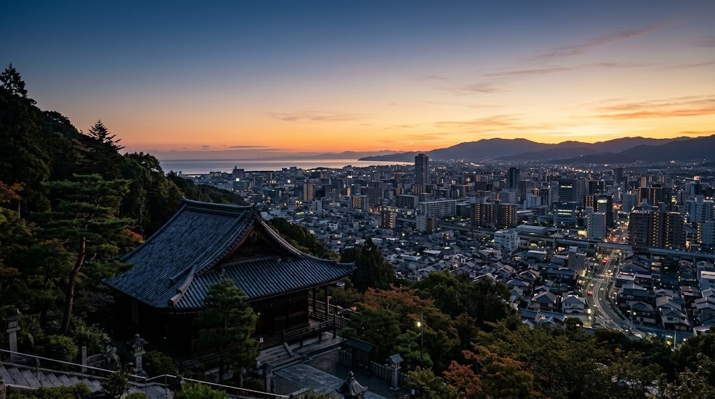 夜明けの空と現代日本の街並み