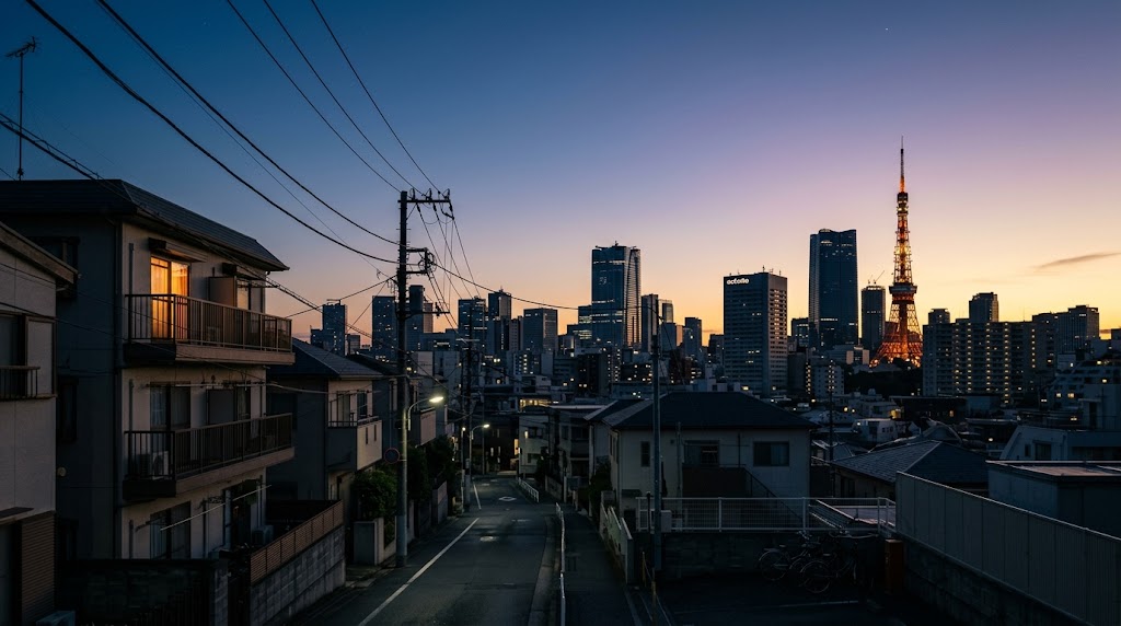 現代の東京の街並みと静かな朝の空