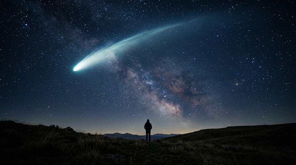 夜空を横切る彗星と、それを見上げる丘の上の小さな人影