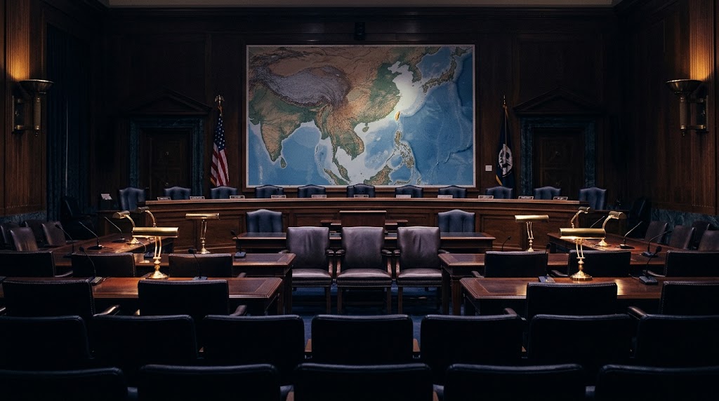 米議会公聴会と台湾海峡の緊張を象徴するイメージ