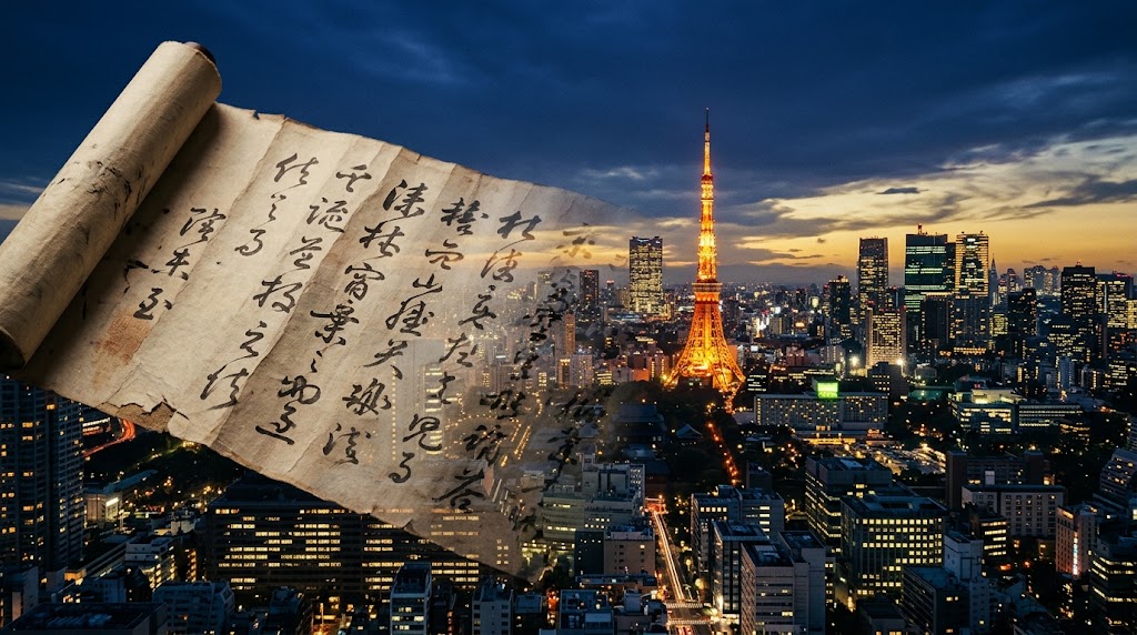 古い神示の書と現代日本の街並みが重なるイメージ