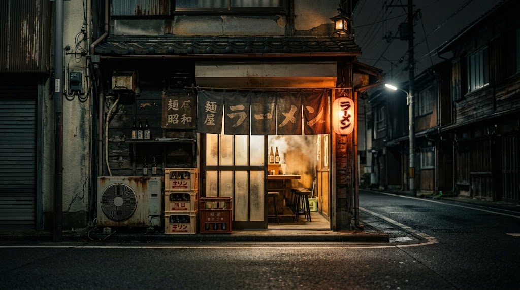 昭和の面影を残す深夜の商店街とラーメン店の灯り