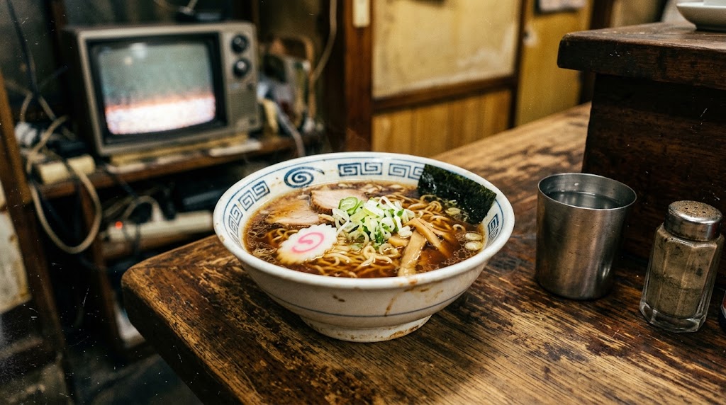 昭和の食堂のカウンターに置かれたラーメンの丼