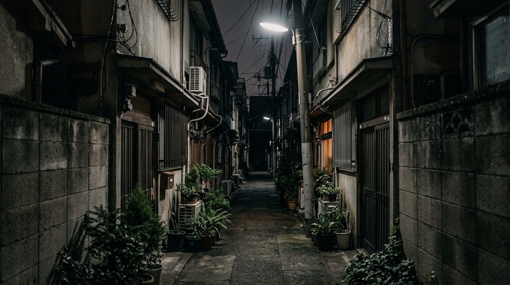 深夜の住宅街の細い路地と街灯