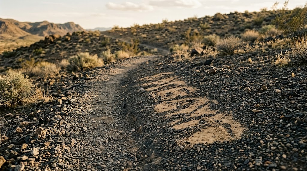 砂礫の斜面に刻まれた小さな線と、そばを通る細い道