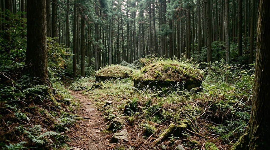 東北の山あいにひっそりと佇む二つの小さな塚と木立