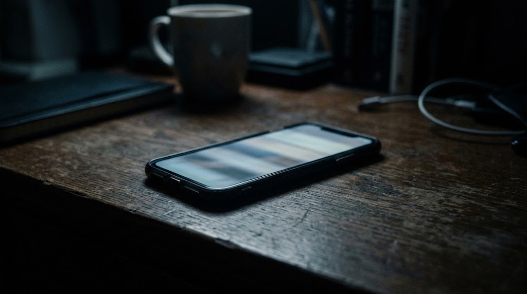 暗い部屋の机に置かれたスマートフォンと、画面の淡い光