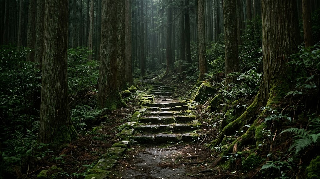 木々に覆われた薄暗い山道と、苔むした石段